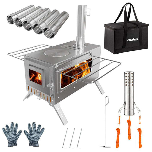 Stainless Steel Camping Wood Burner Stove with Chimney & Bag