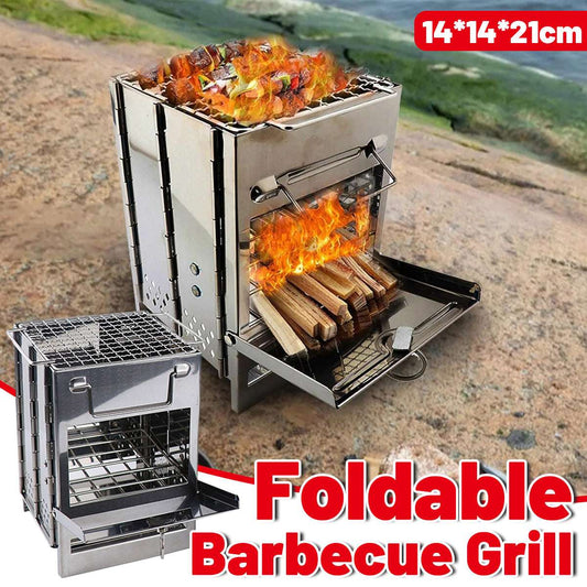Foldable Stainless Steel Camp Stove – Multi-Fuel Wood Burning BBQ Grill