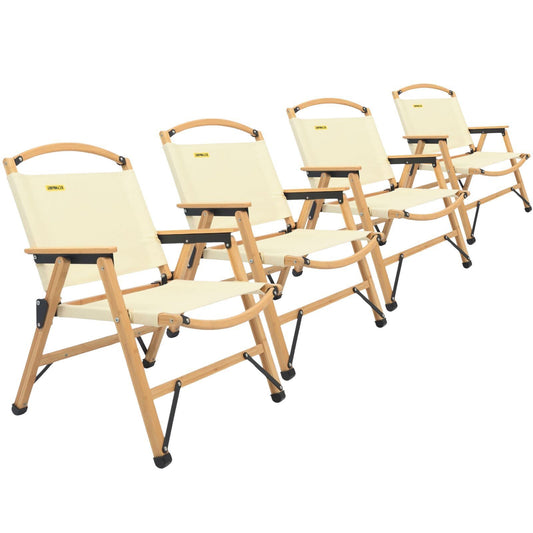 4 Pack Bamboo Canvas Folding Camping Chairs - Khaki/Beige