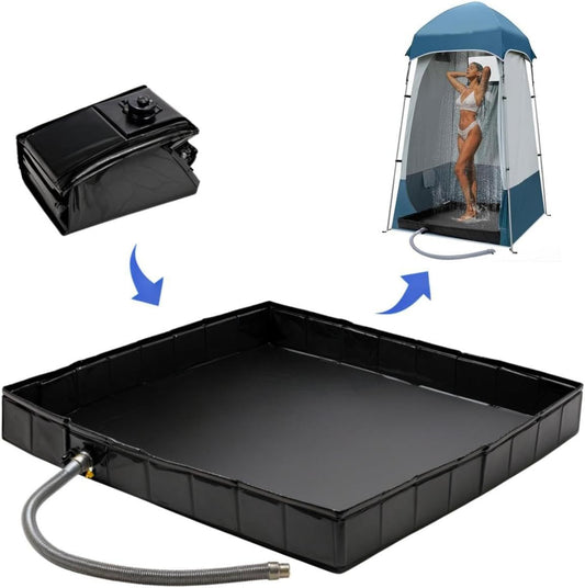 Portable Camping Shower Base - Collapsible PVC Water Containment Tray with Drain Hose