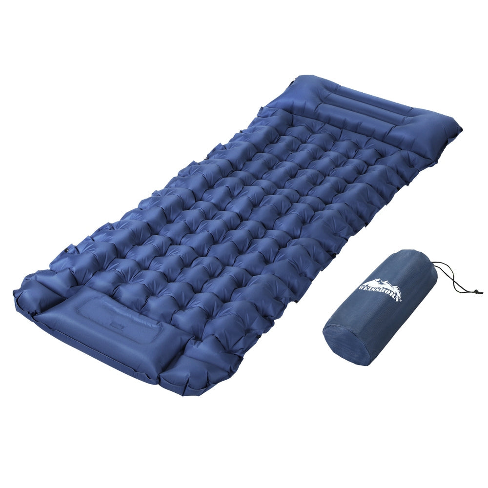 Weisshorn 9cm Camping Mat with Foot Pump & Pillow - Blue