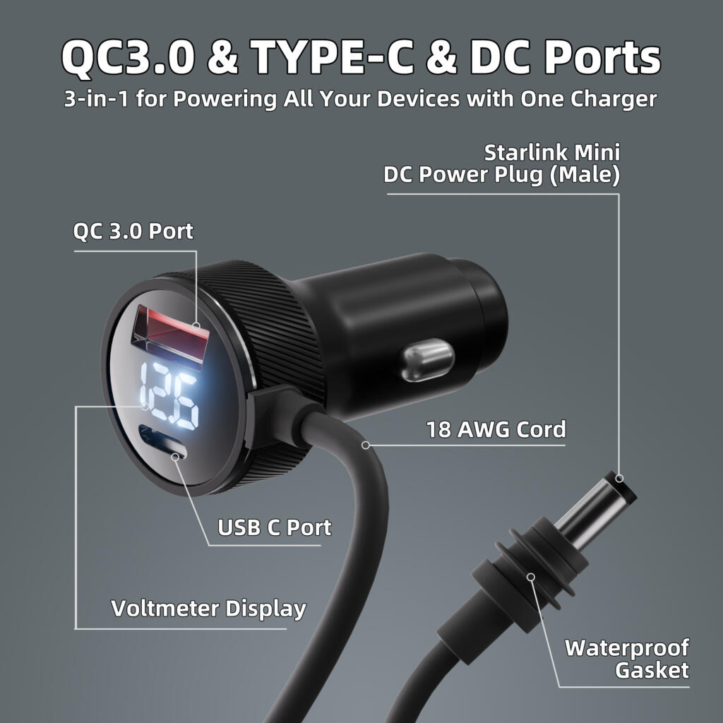 Outcamp Car Charger for Starlink Mini with Dual USB and Voltmeter, view 3