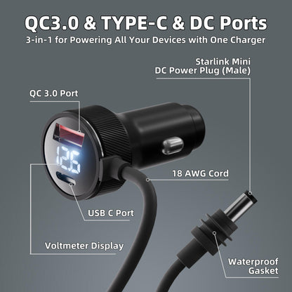 Outcamp Car Charger for Starlink Mini with Dual USB and Voltmeter, view 3