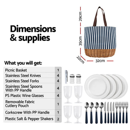 Alfresco 4 Person Willow Picnic Tote Basket Set, view 2