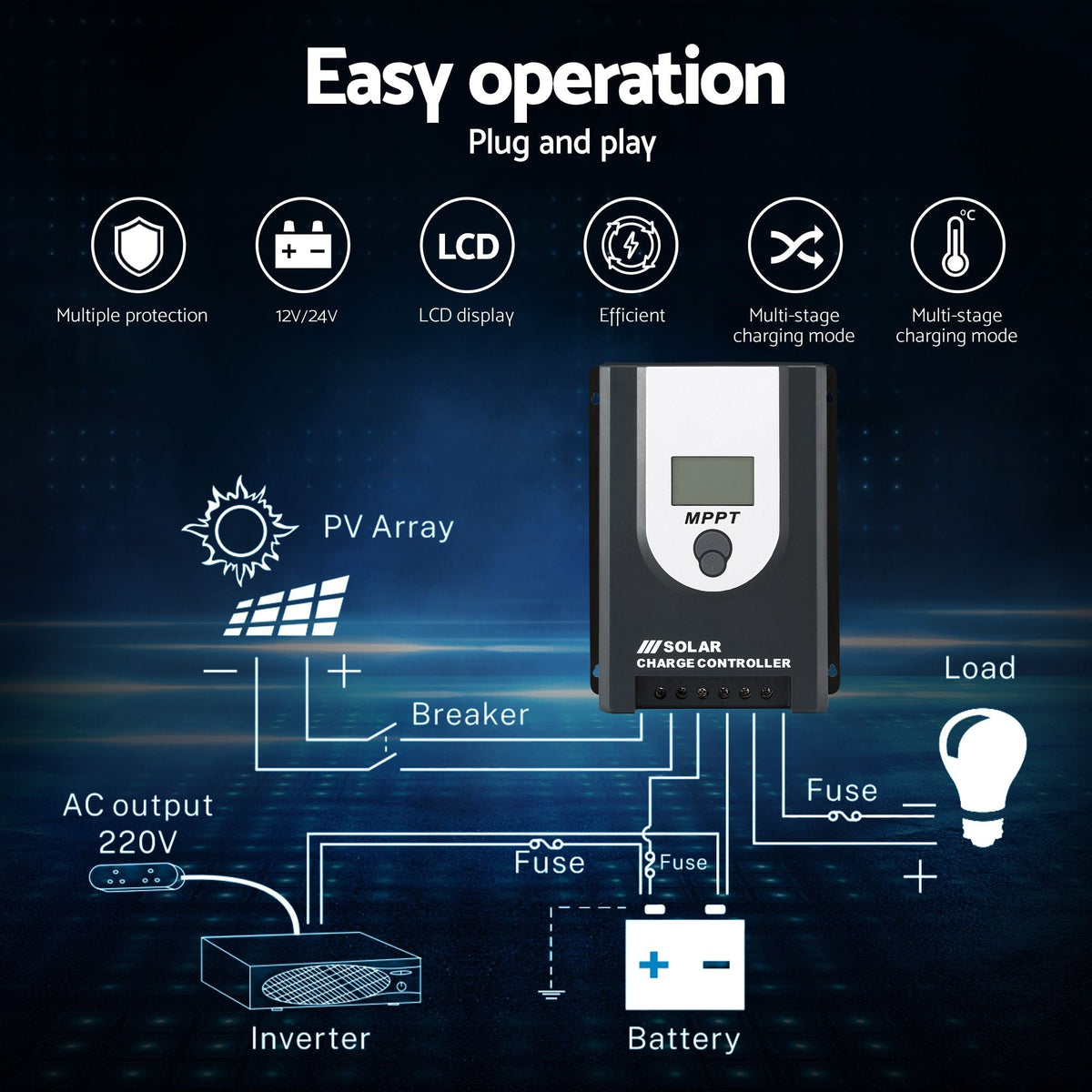 Giantz 50A MPPT Solar Charge Controller 12V/24V Bluetooth, view 4