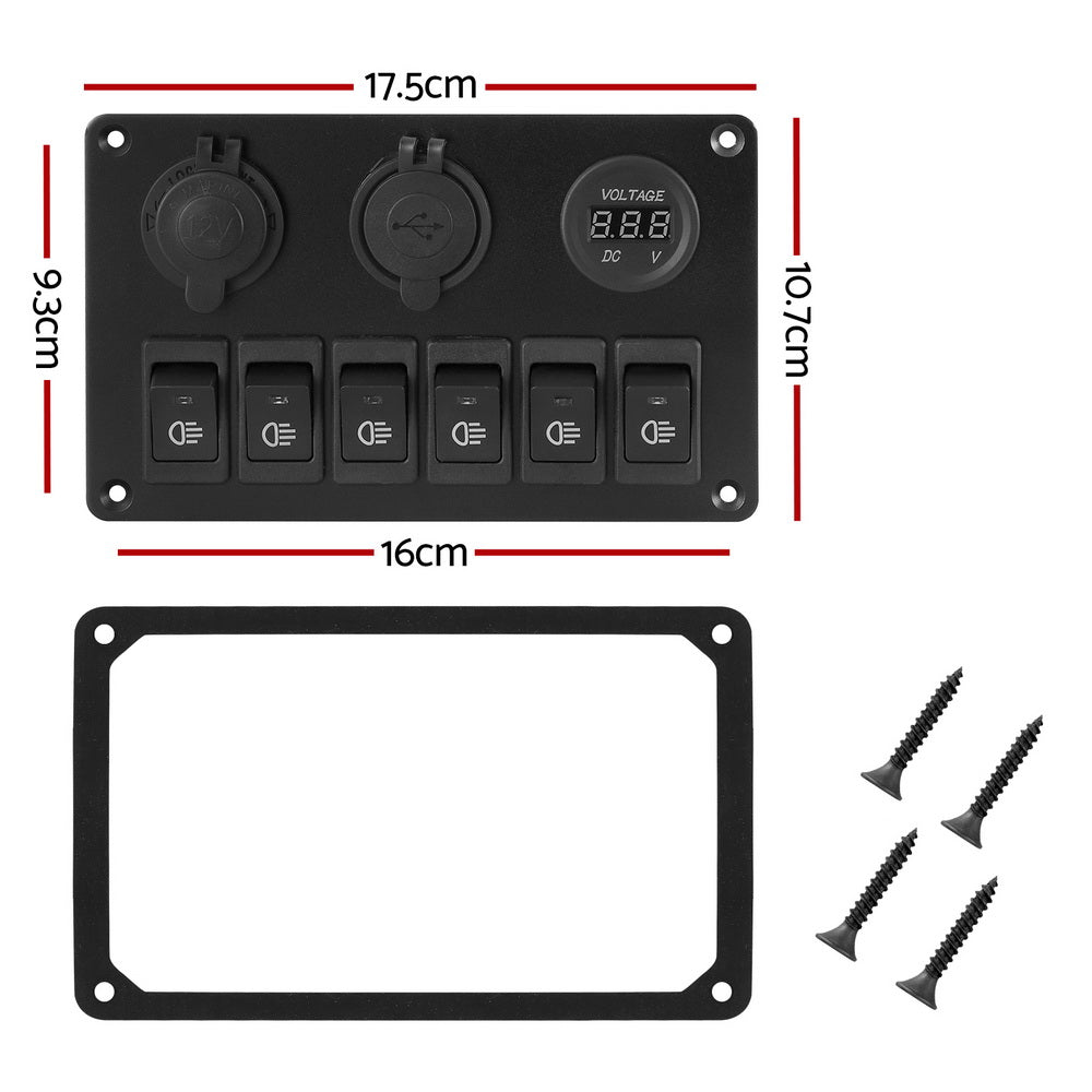 6 Gang 12V Switch Panel with USB & Socket, view 2