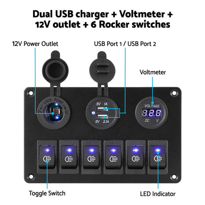 6 Gang 12V Switch Panel with USB & Socket, view 4