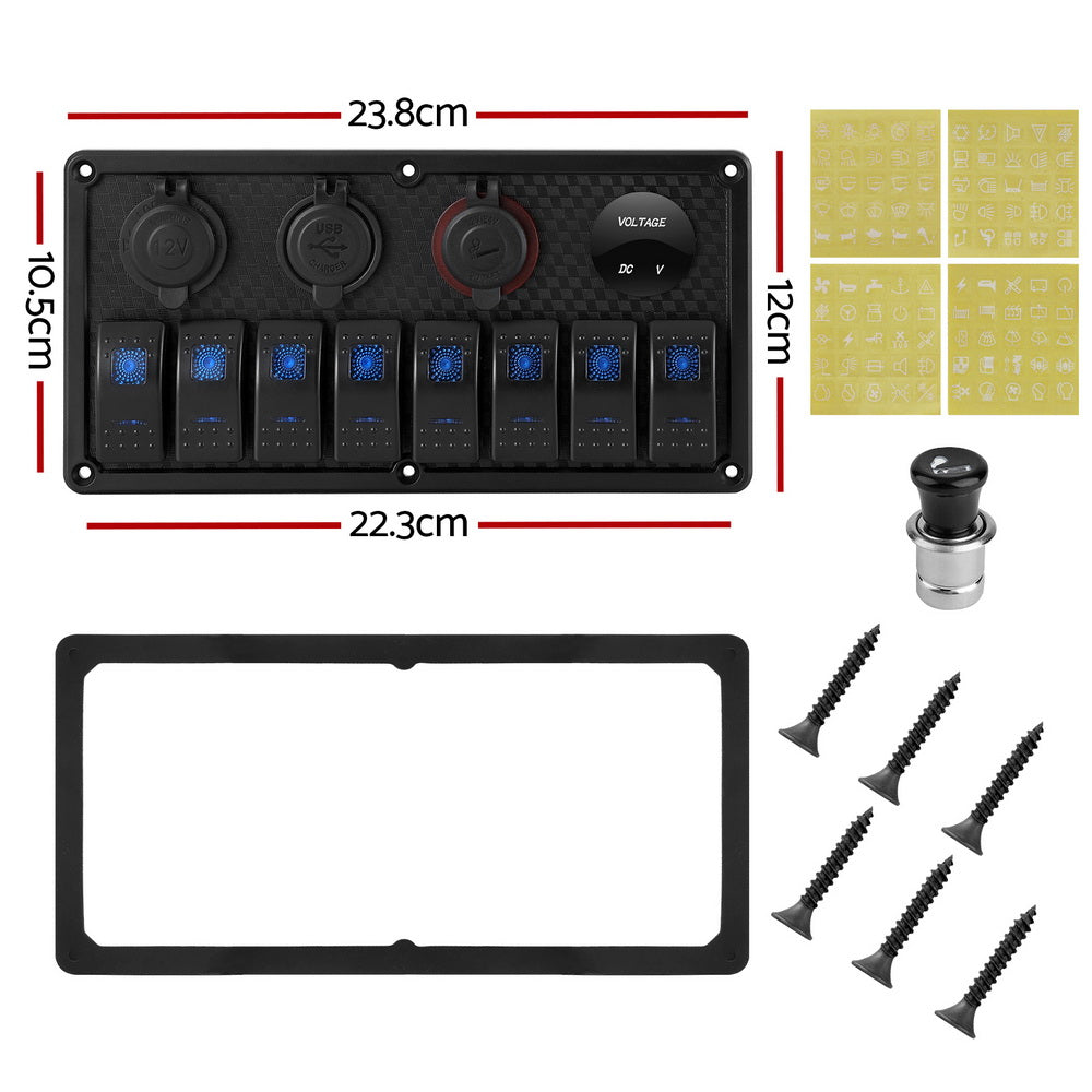 8 Gang 12V Switch Panel with USB & Socket, view 2