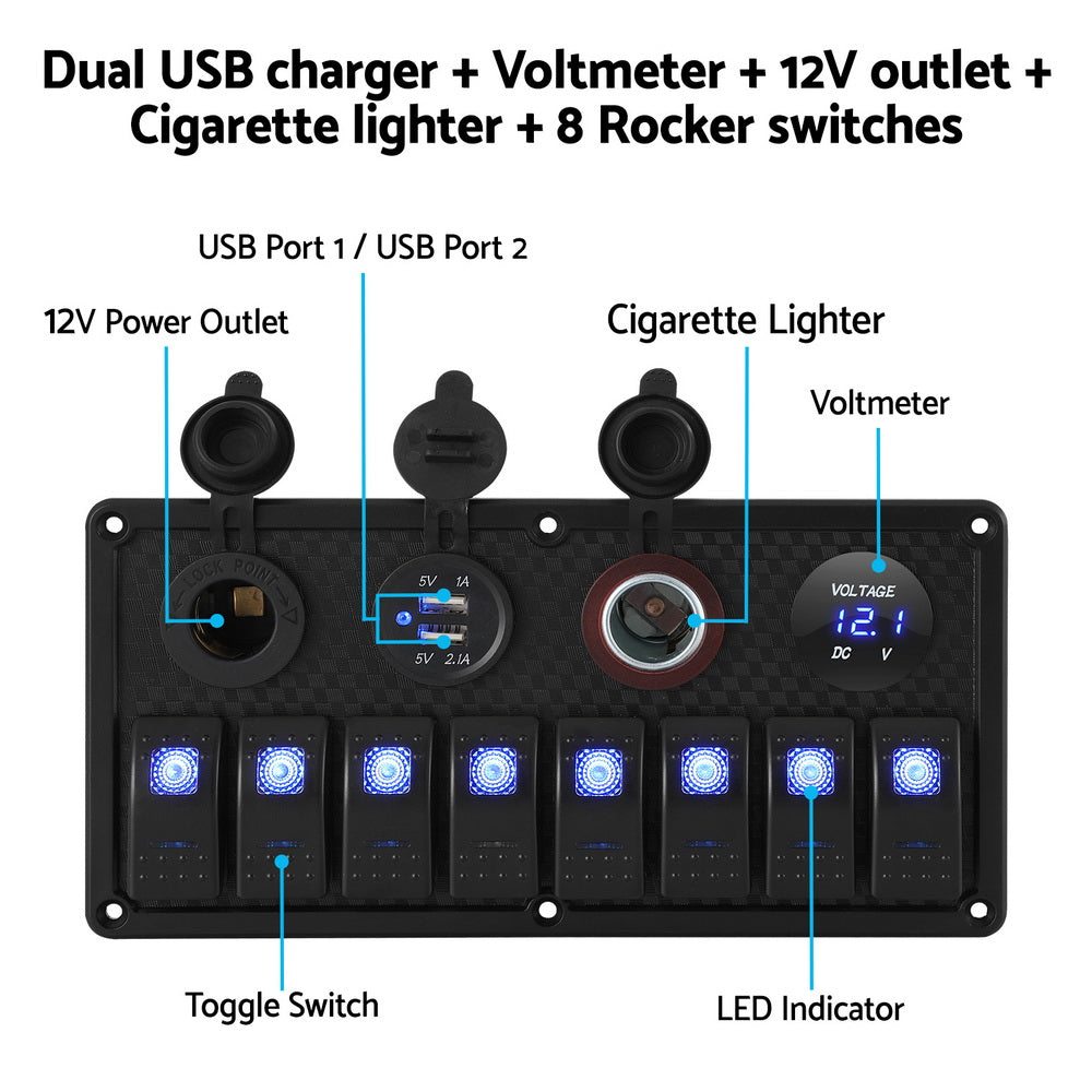 8 Gang 12V Switch Panel with USB & Socket, view 4