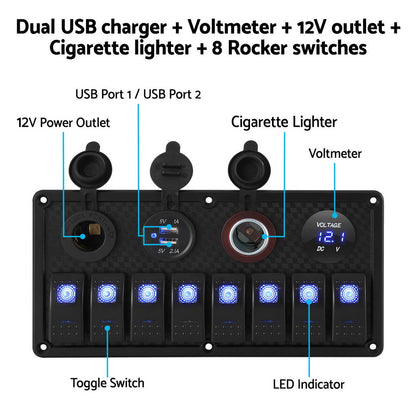 8 Gang 12V Switch Panel with USB & Socket, view 4