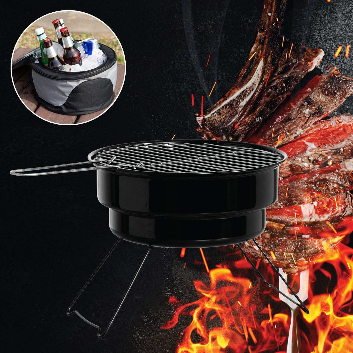 2-in-1 Charcoal BBQ Grill with Cooler Carry Bag, view 3