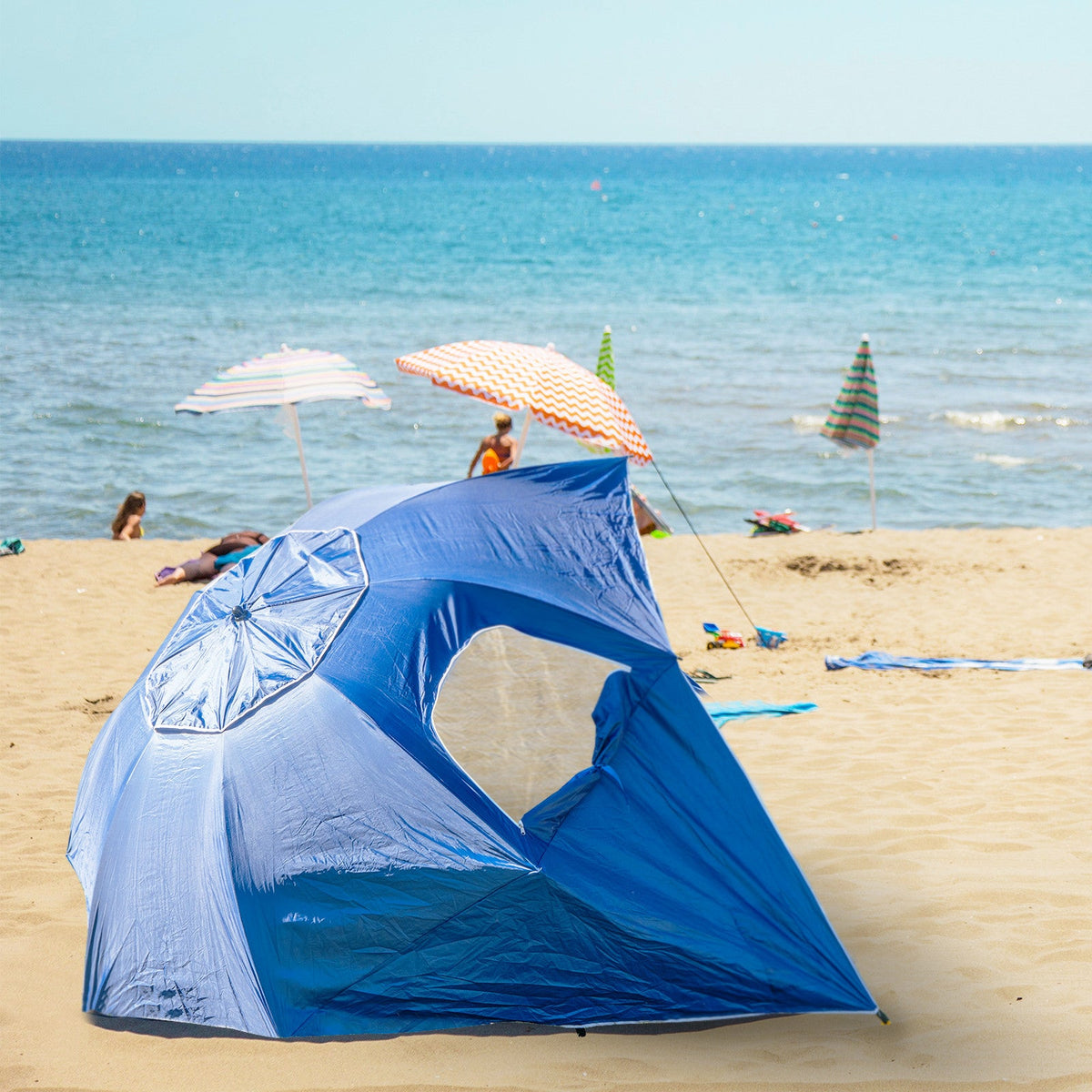 2.4m Beach Umbrella UPF 50+ with Dual Canopy & Wind Vents – Blue, view 6