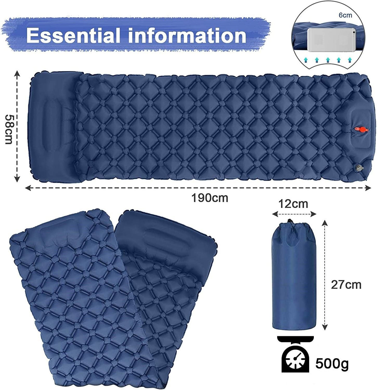 Ultralight Inflatable Sleeping Pad with Pillow & Foot Pump, view 2