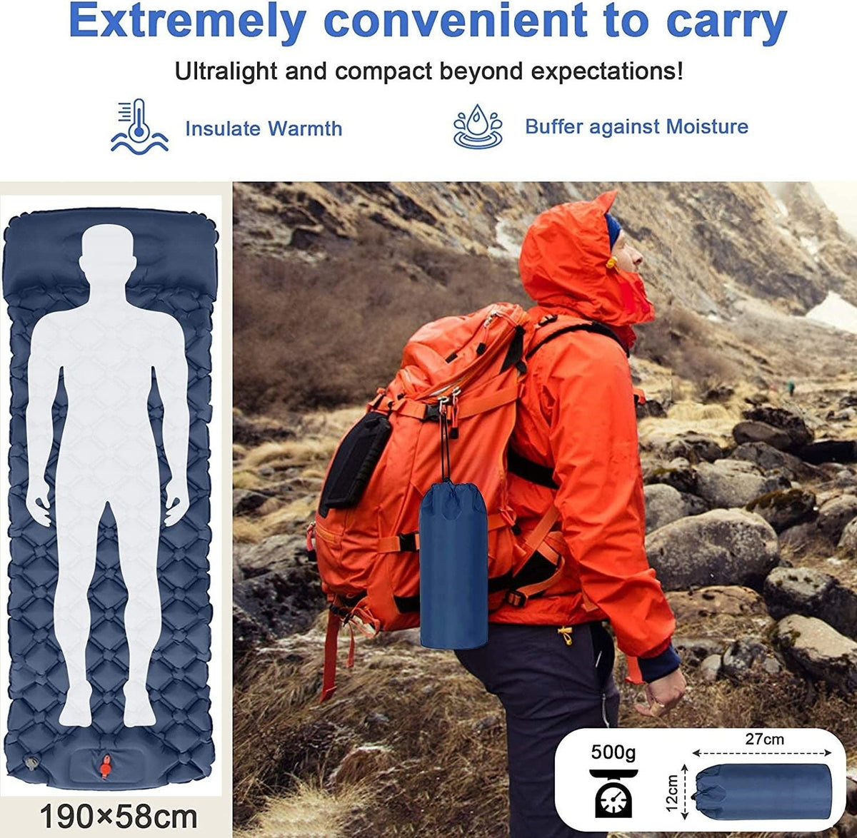 Ultralight Inflatable Sleeping Pad with Pillow & Foot Pump, view 6