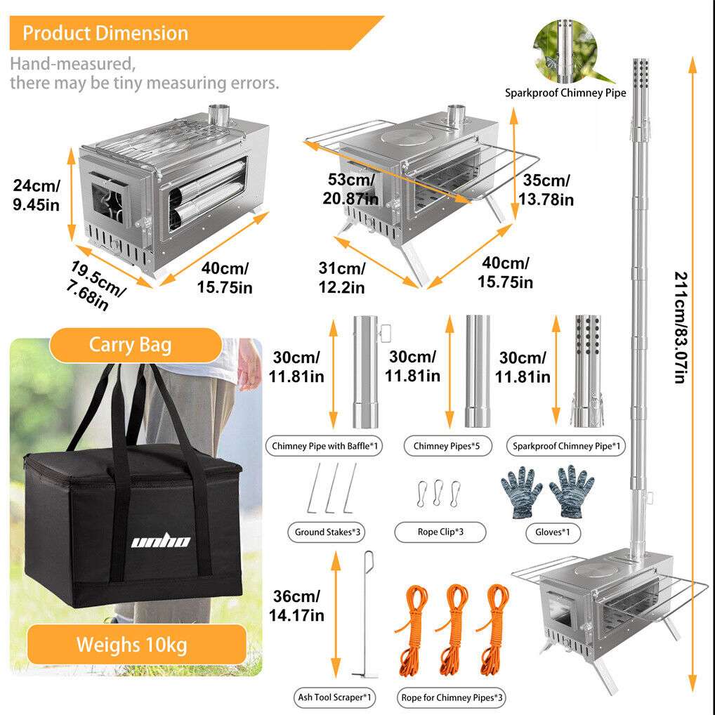 Stainless Steel Camping Wood Burner Stove with Chimney & Bag, view 4