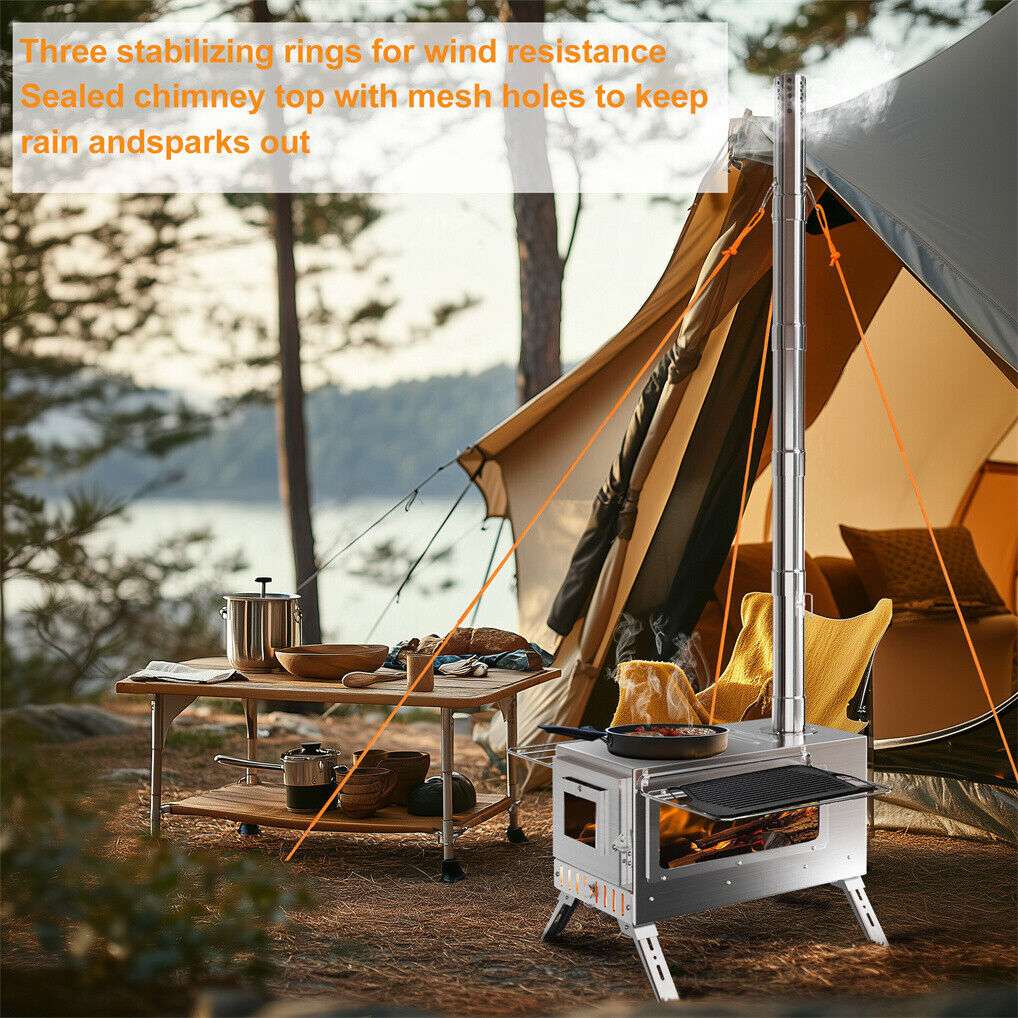 Stainless Steel Camping Wood Burner Stove with Chimney & Bag, view 5