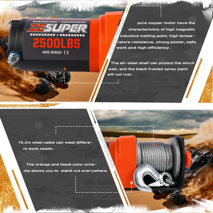2500lb 12V Electric Winch with Steel Cable, view 4