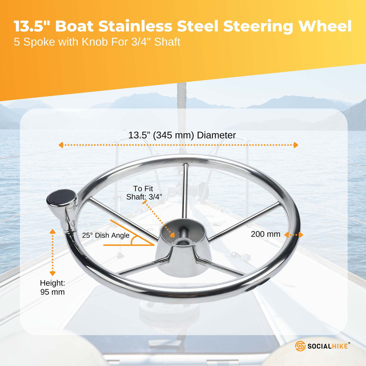 13.5" Stainless Steel Boat Steering Wheel 5-Spoke, view 2
