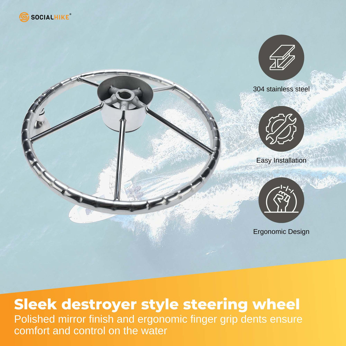 13.5" Stainless Steel Boat Steering Wheel 5-Spoke, view 3
