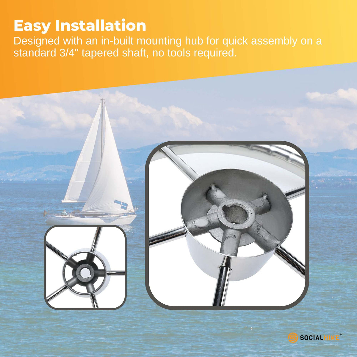 13.5" Stainless Steel Boat Steering Wheel 5-Spoke, view 5
