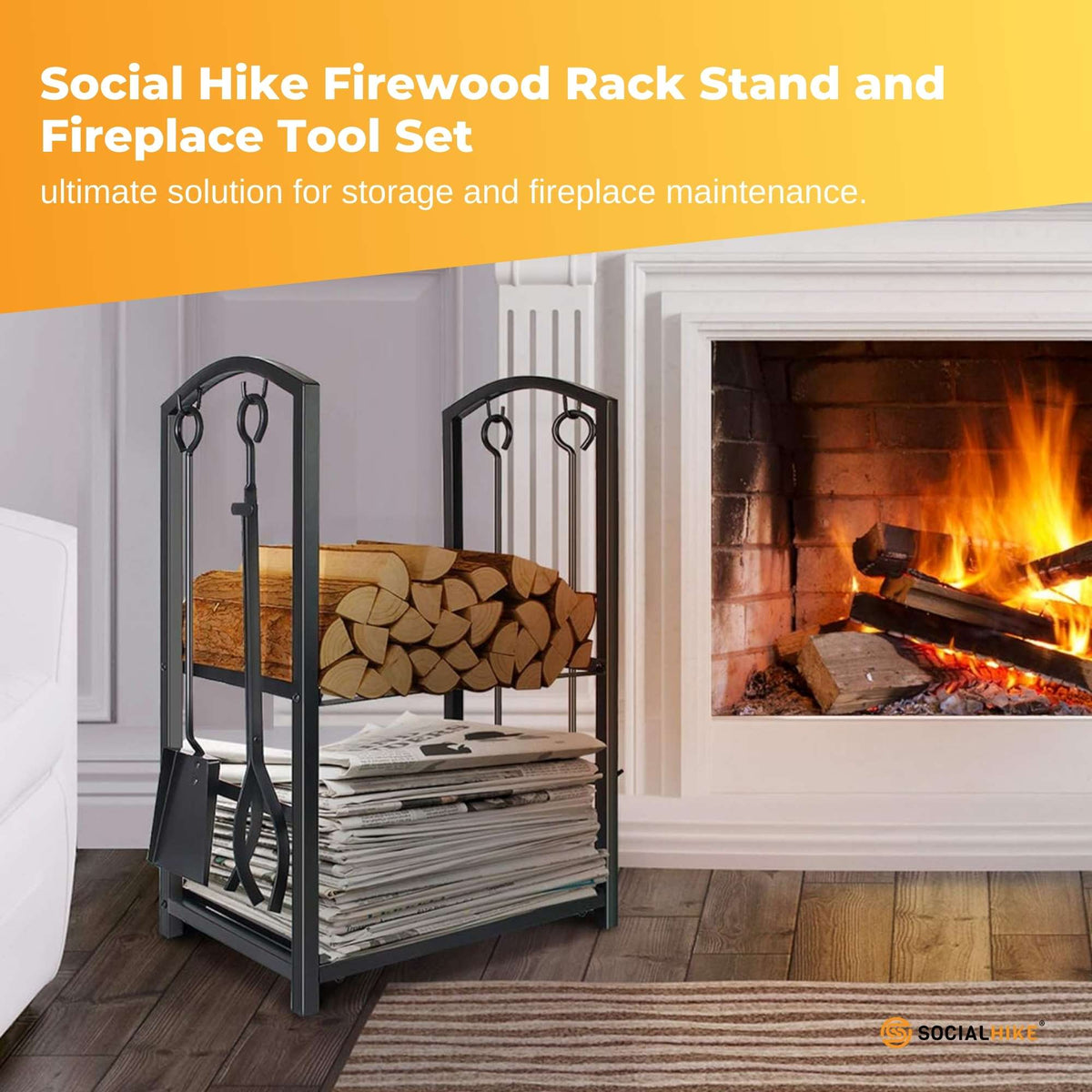 Firewood Rack & 4-Piece Fireplace Tool Set, view 2