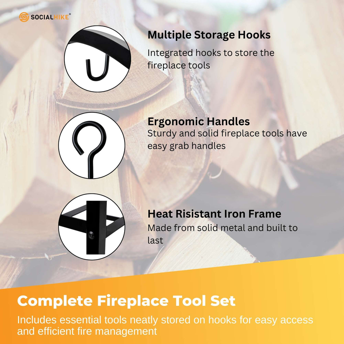 Firewood Rack & 4-Piece Fireplace Tool Set, view 4