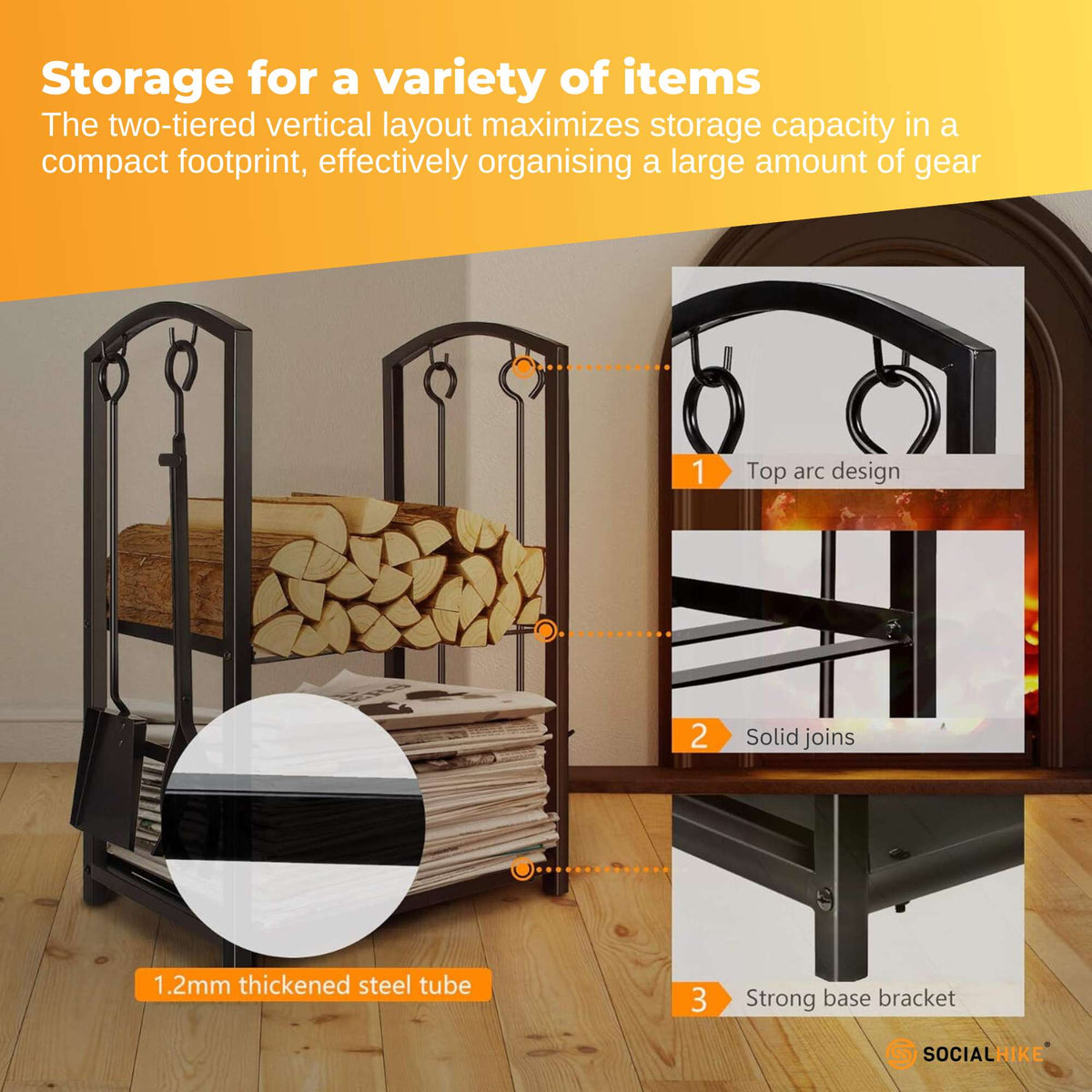 Firewood Rack & 4-Piece Fireplace Tool Set, view 6