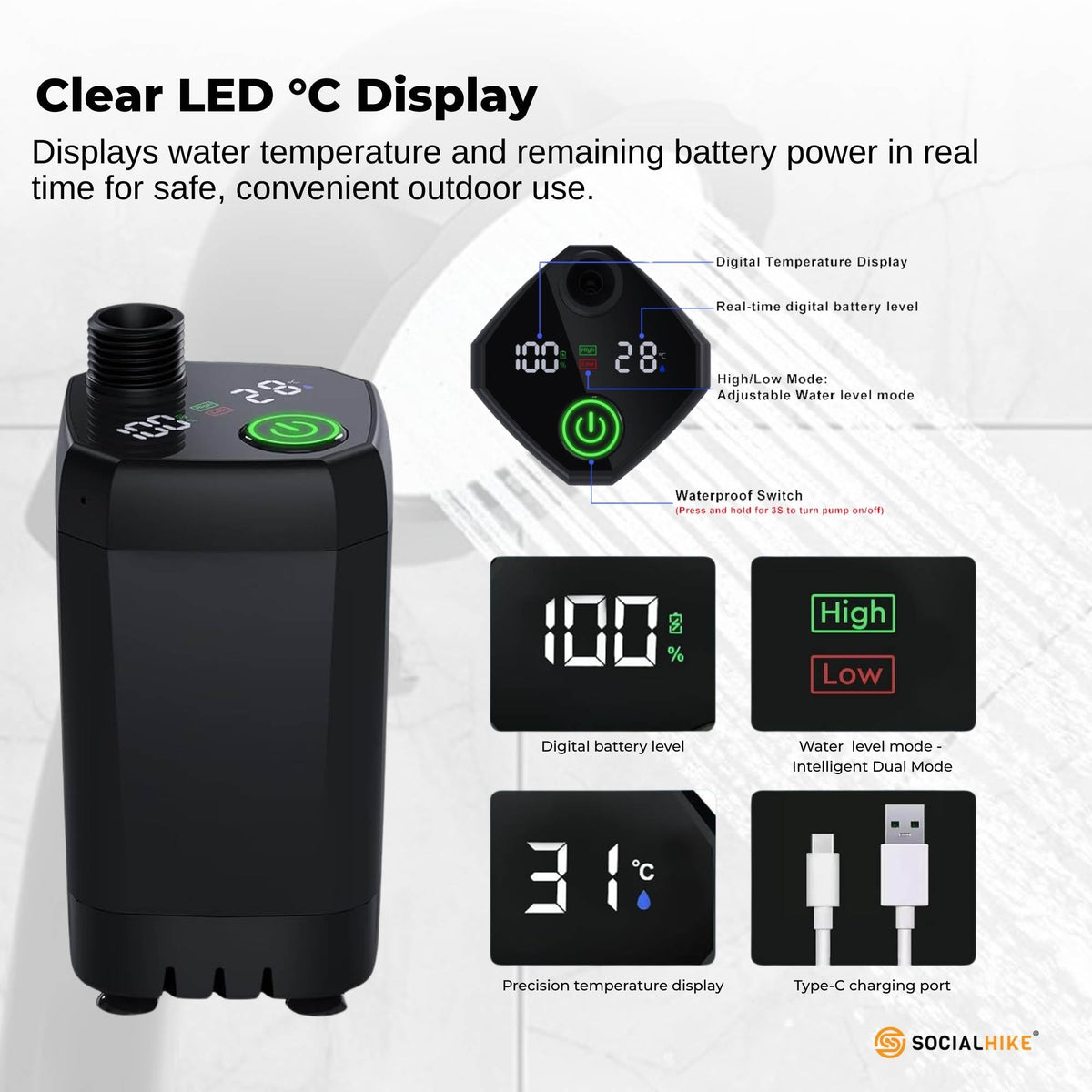 Portable Camping Shower Kit - Social Hike 6000mAh, view 3