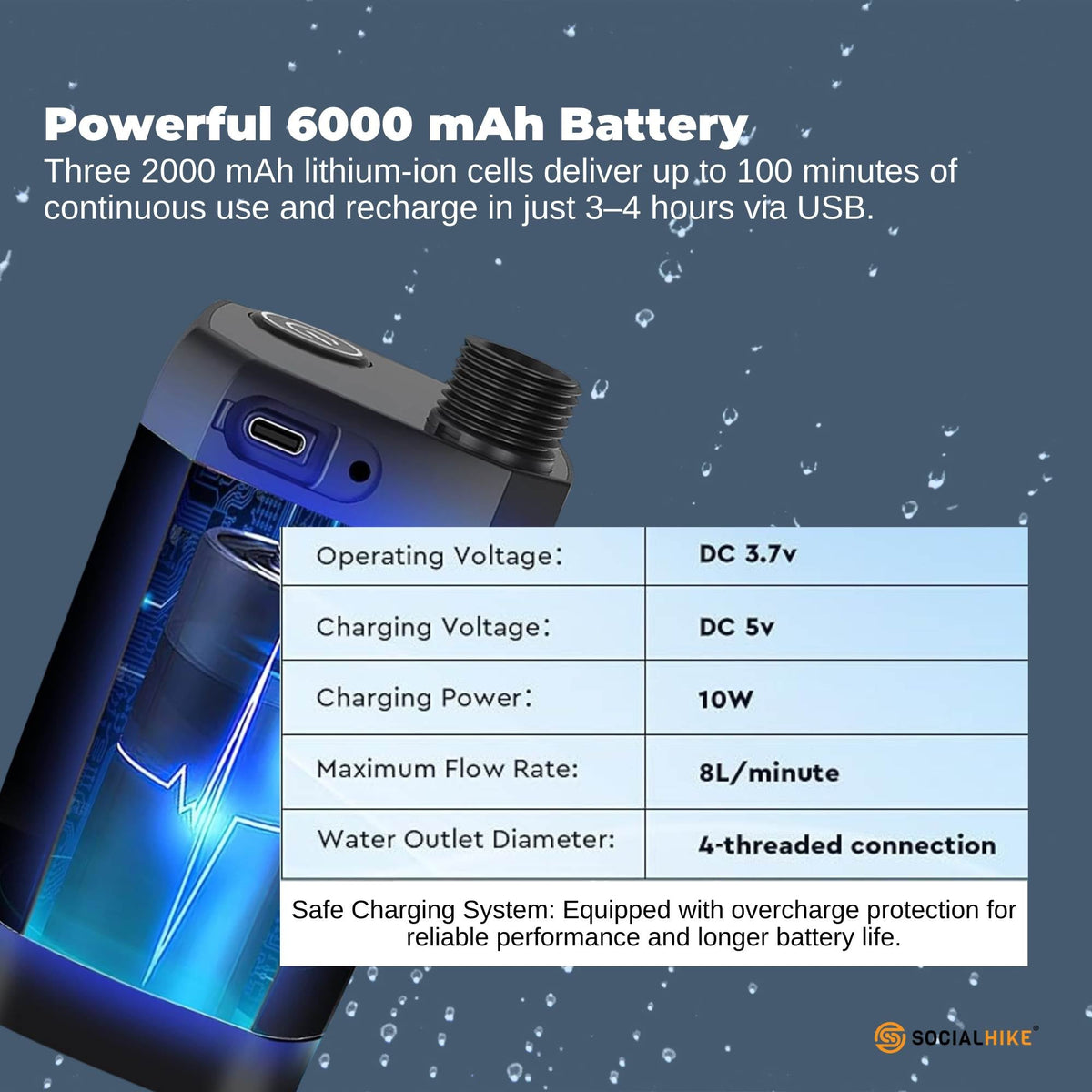 Portable Camping Shower Kit - Social Hike 6000mAh, view 4