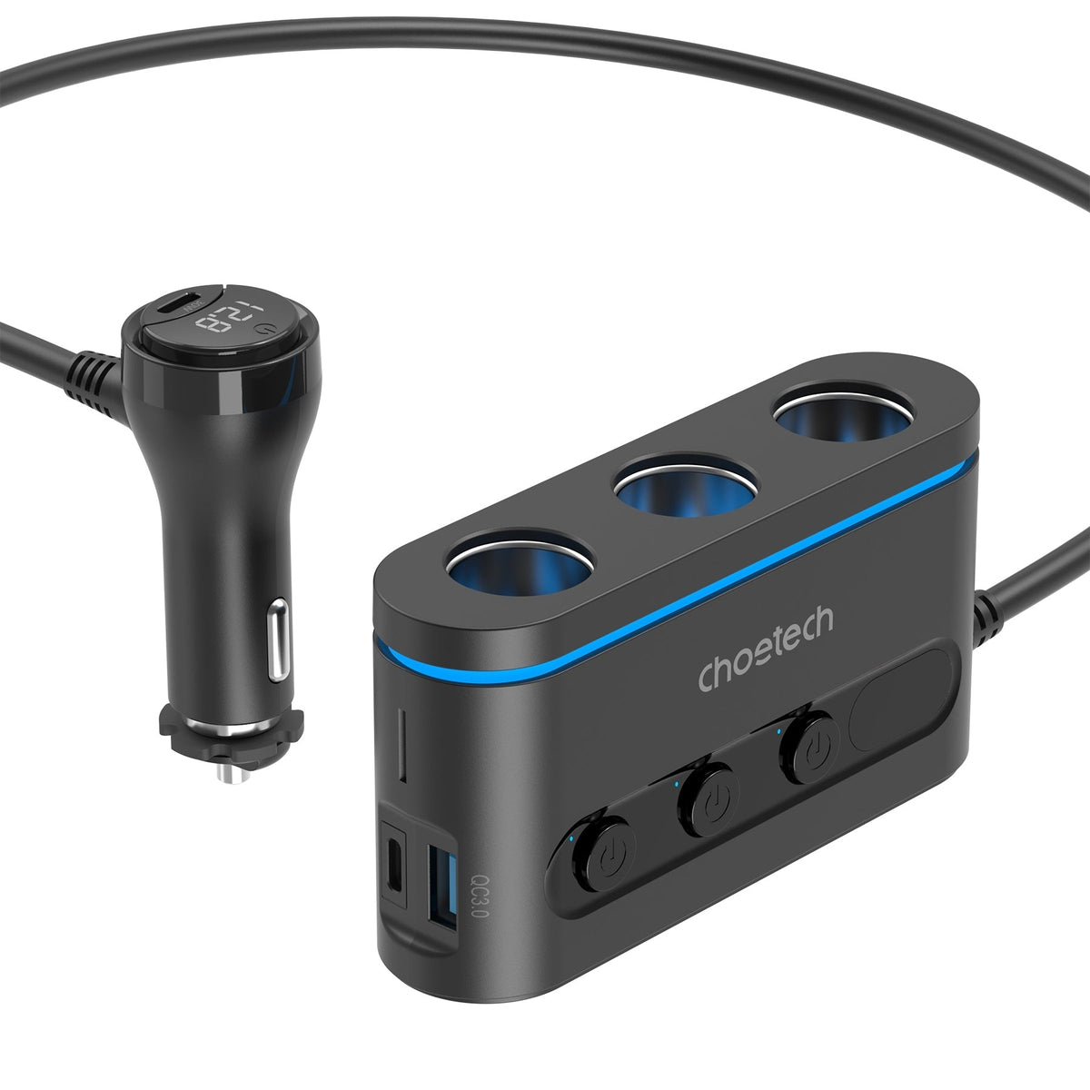 CHOETECH 3-Port Car Charger Splitter 78W, view 2