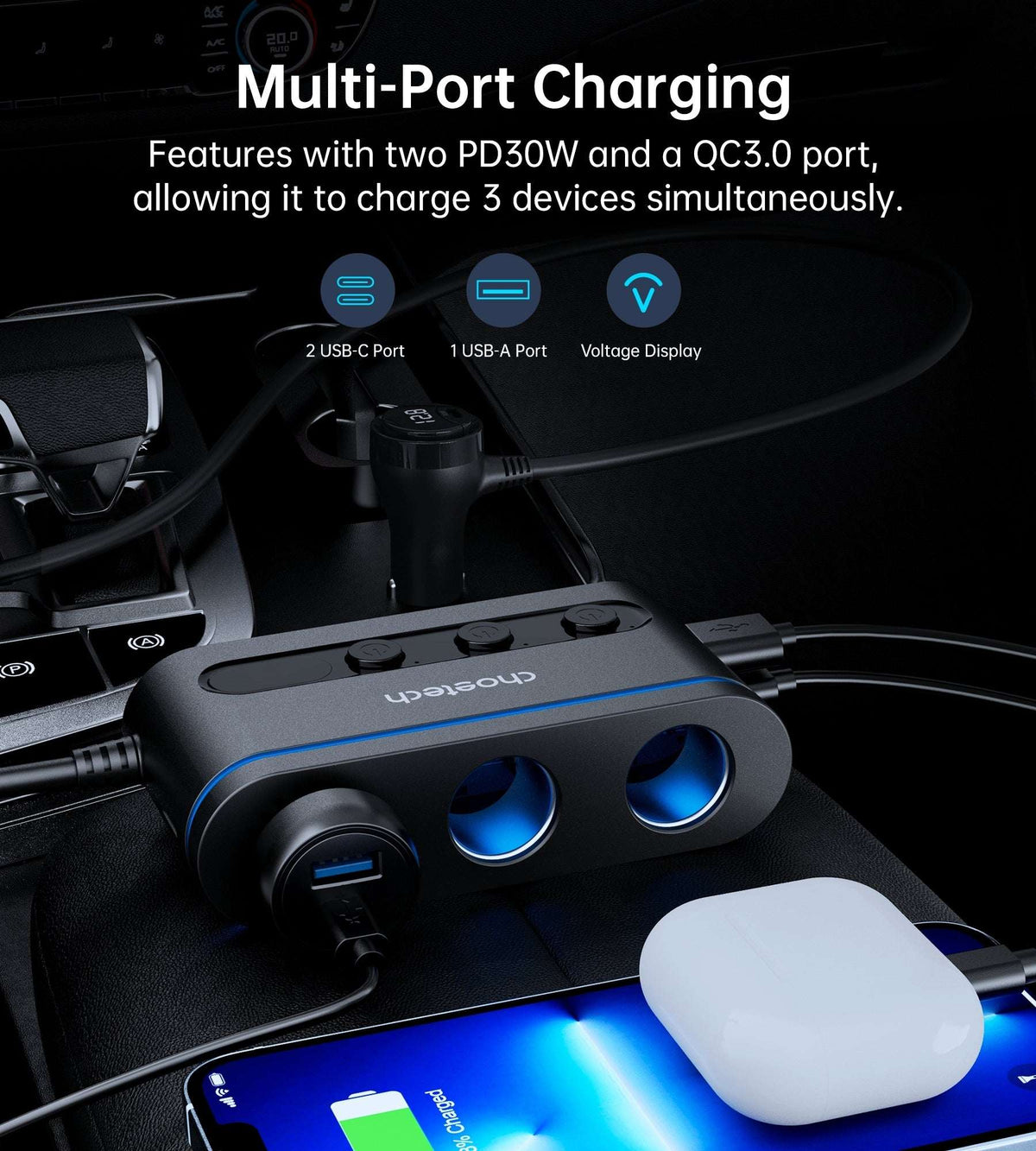 CHOETECH 3-Port Car Charger Splitter 78W, view 5