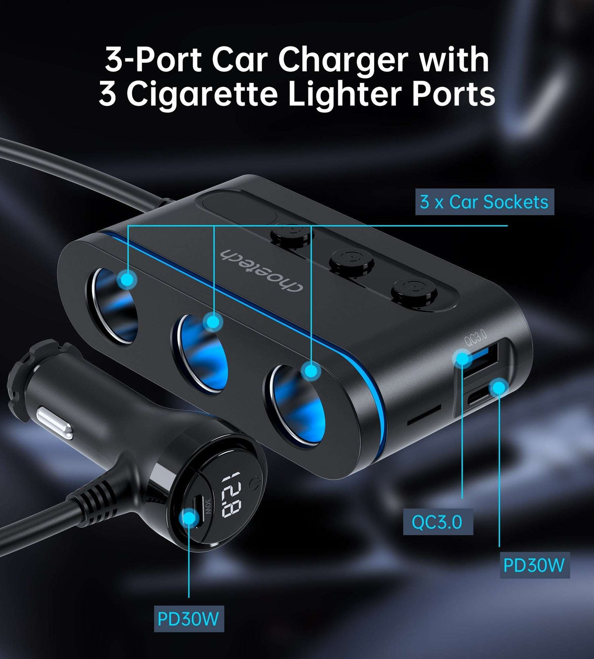 CHOETECH 3-Port Car Charger Splitter 78W, view 6