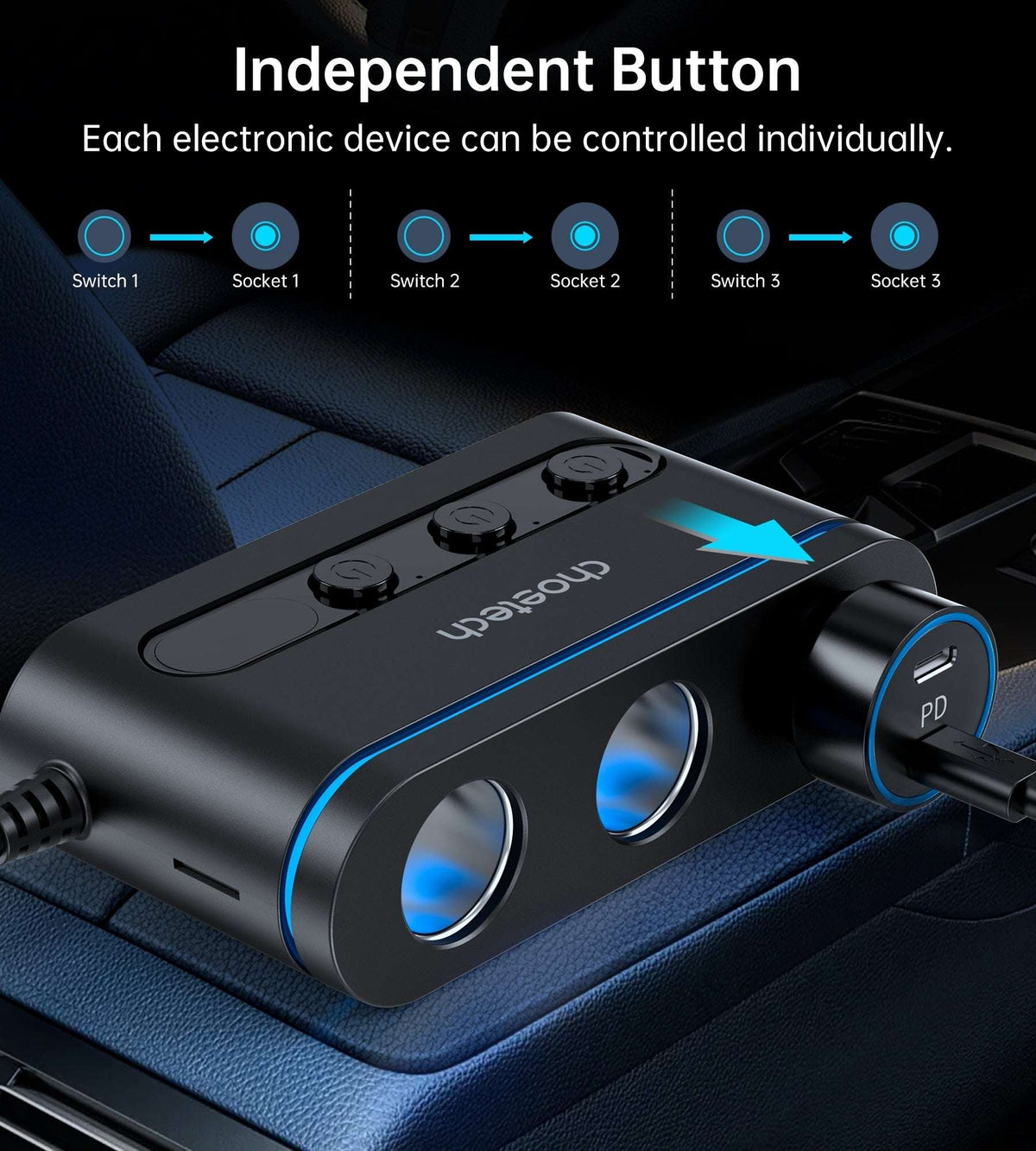CHOETECH 3-Port Car Charger Splitter 78W, view 8