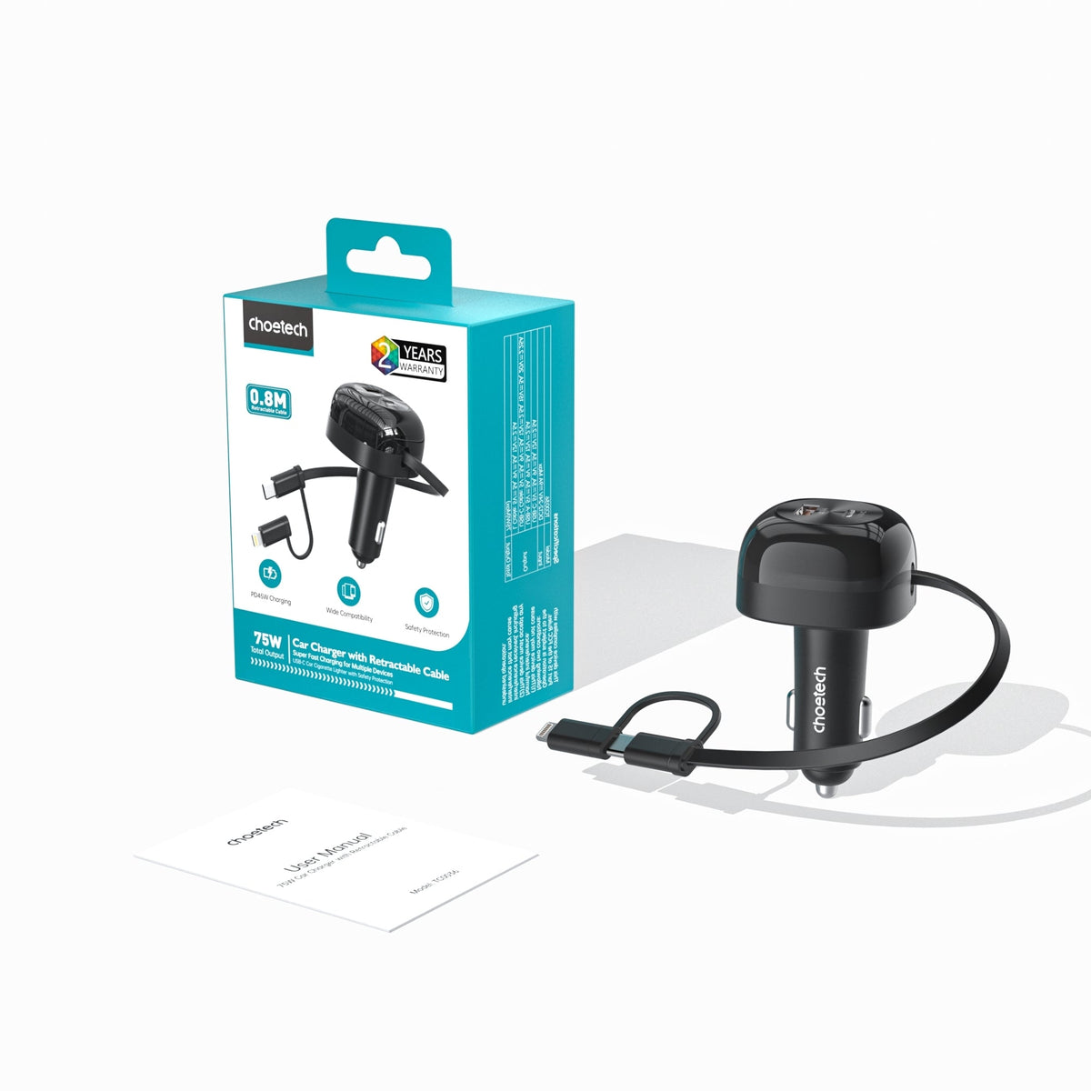 CHOETECH 75W Car Charger with Retractable Cable, view 4