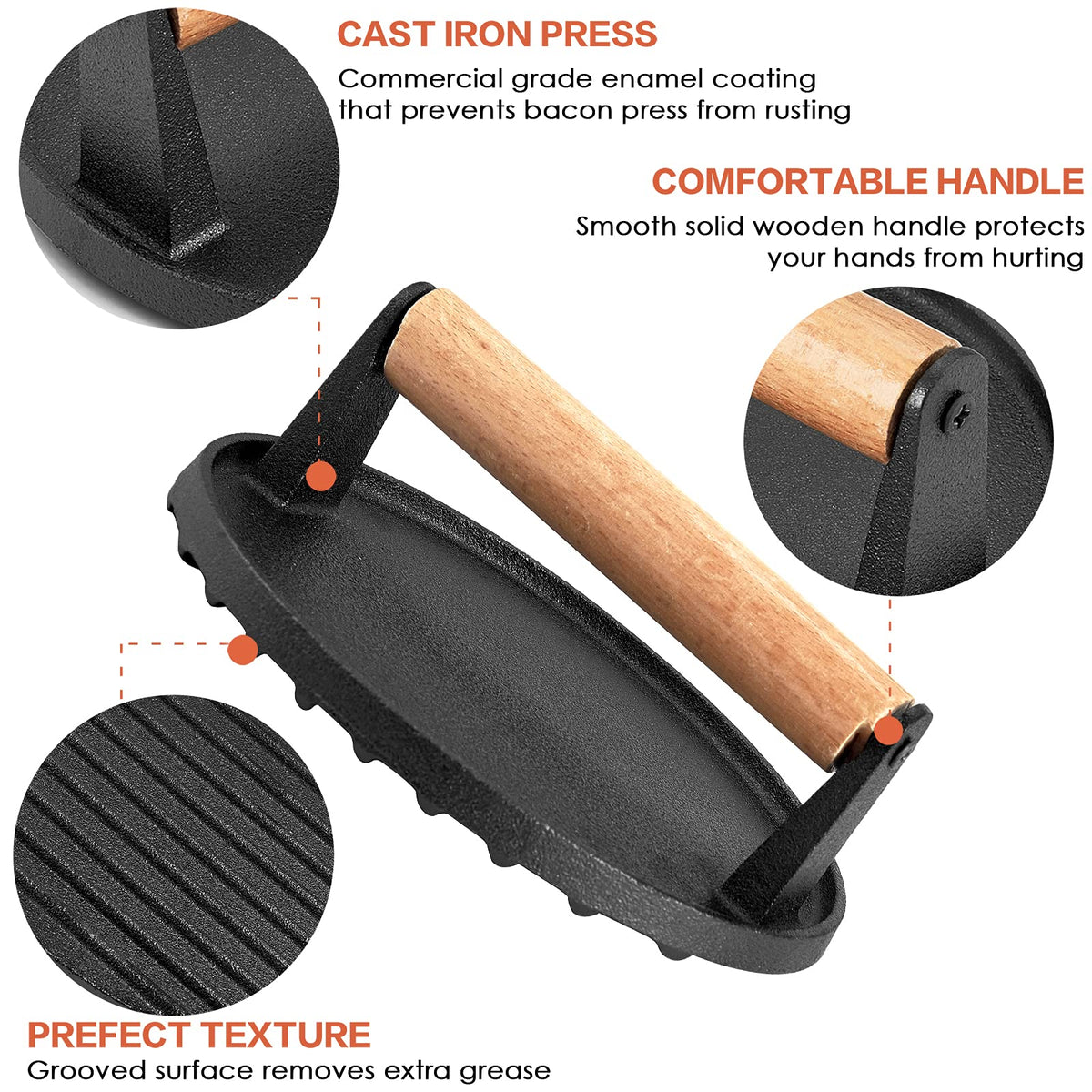 Cast Iron Grill Press – Pre-Seasoned Burger & Steak Griddle Press, view 3