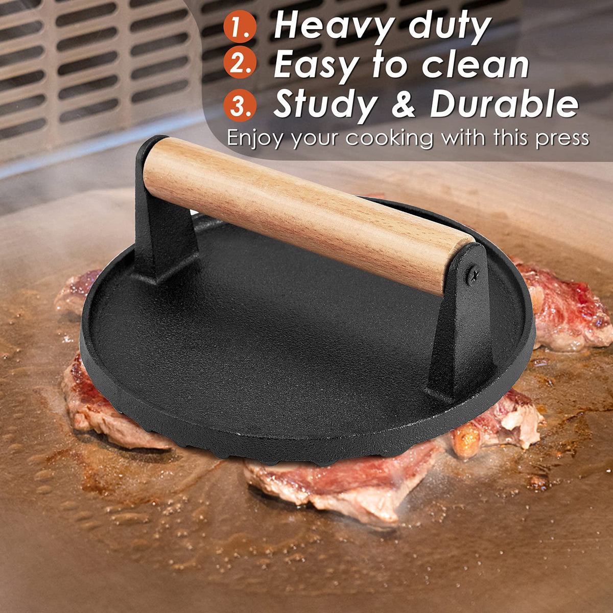 Cast Iron Grill Press – Pre-Seasoned Burger & Steak Griddle Press, view 5