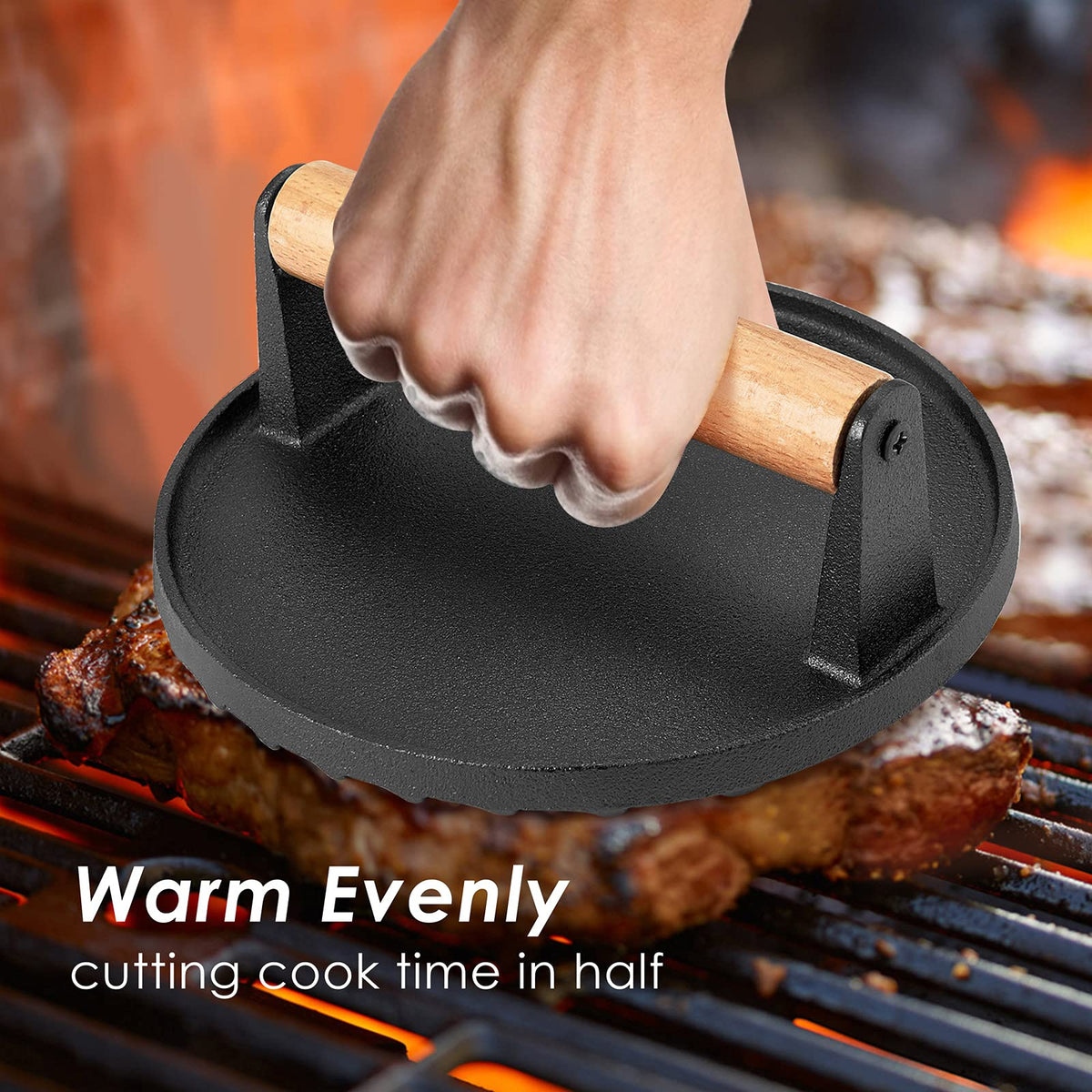 Cast Iron Grill Press – Pre-Seasoned Burger & Steak Griddle Press, view 6