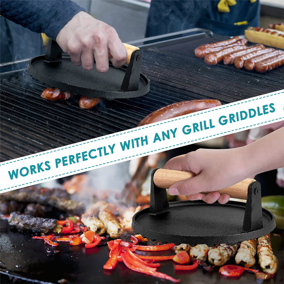 Cast Iron Grill Press – Pre-Seasoned Burger & Steak Griddle Press, view 7