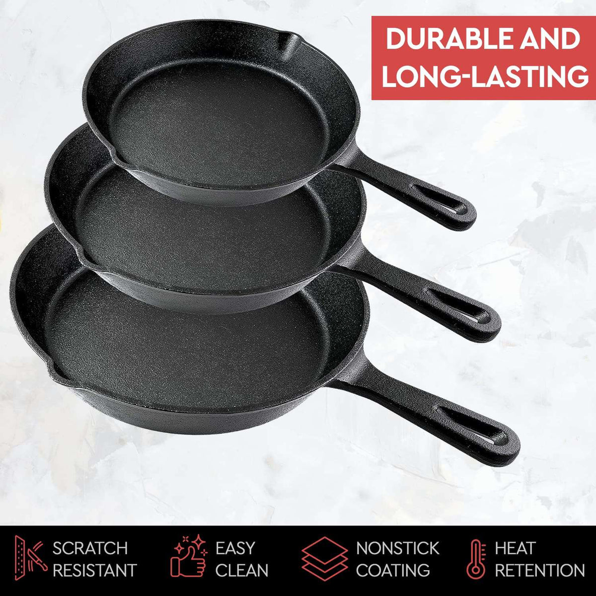Cast Iron Skillet Set – Pre-Seasoned 6", 8" & 10", view 2