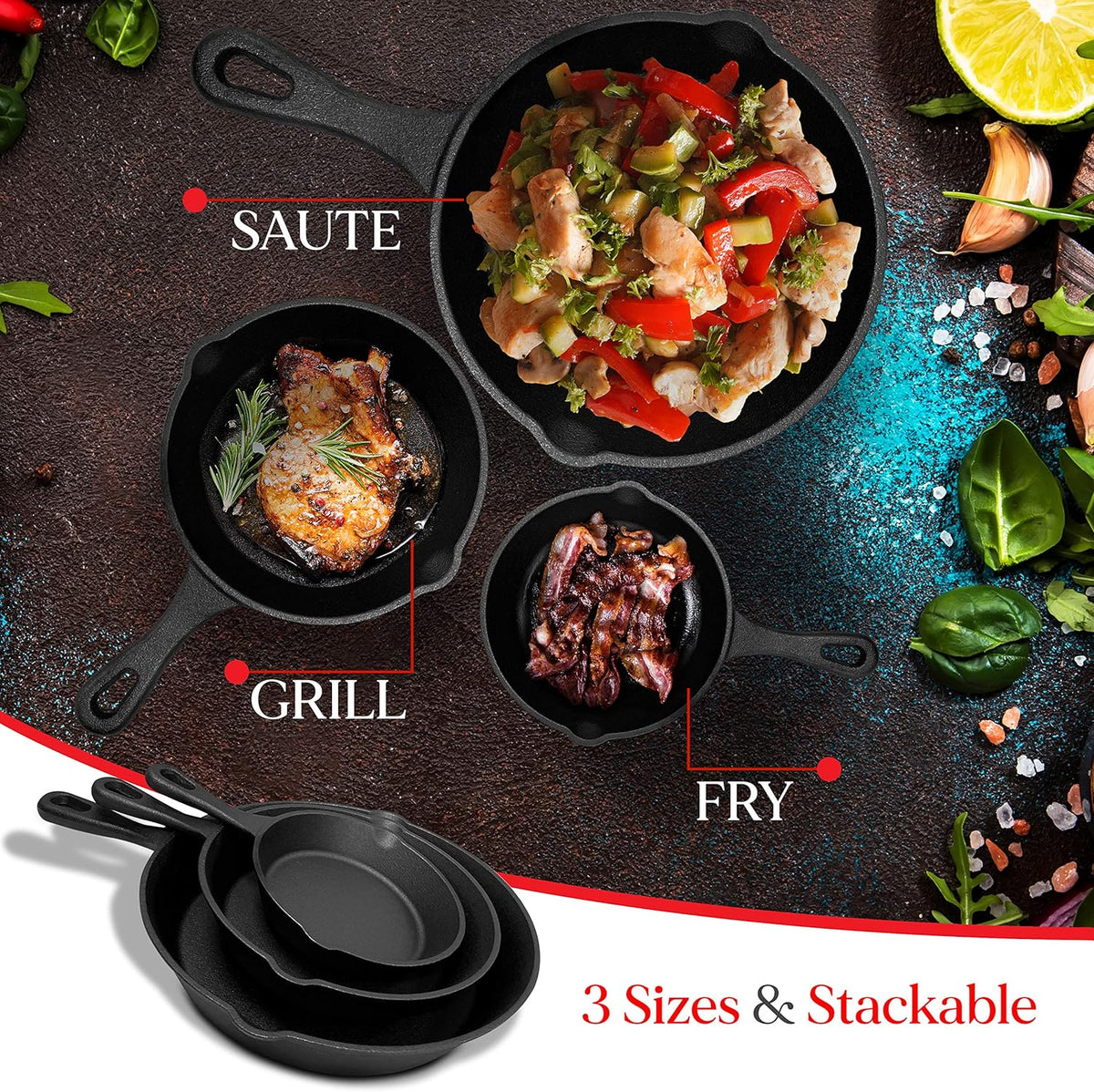 Cast Iron Skillet Set – Pre-Seasoned 6", 8" & 10", view 7
