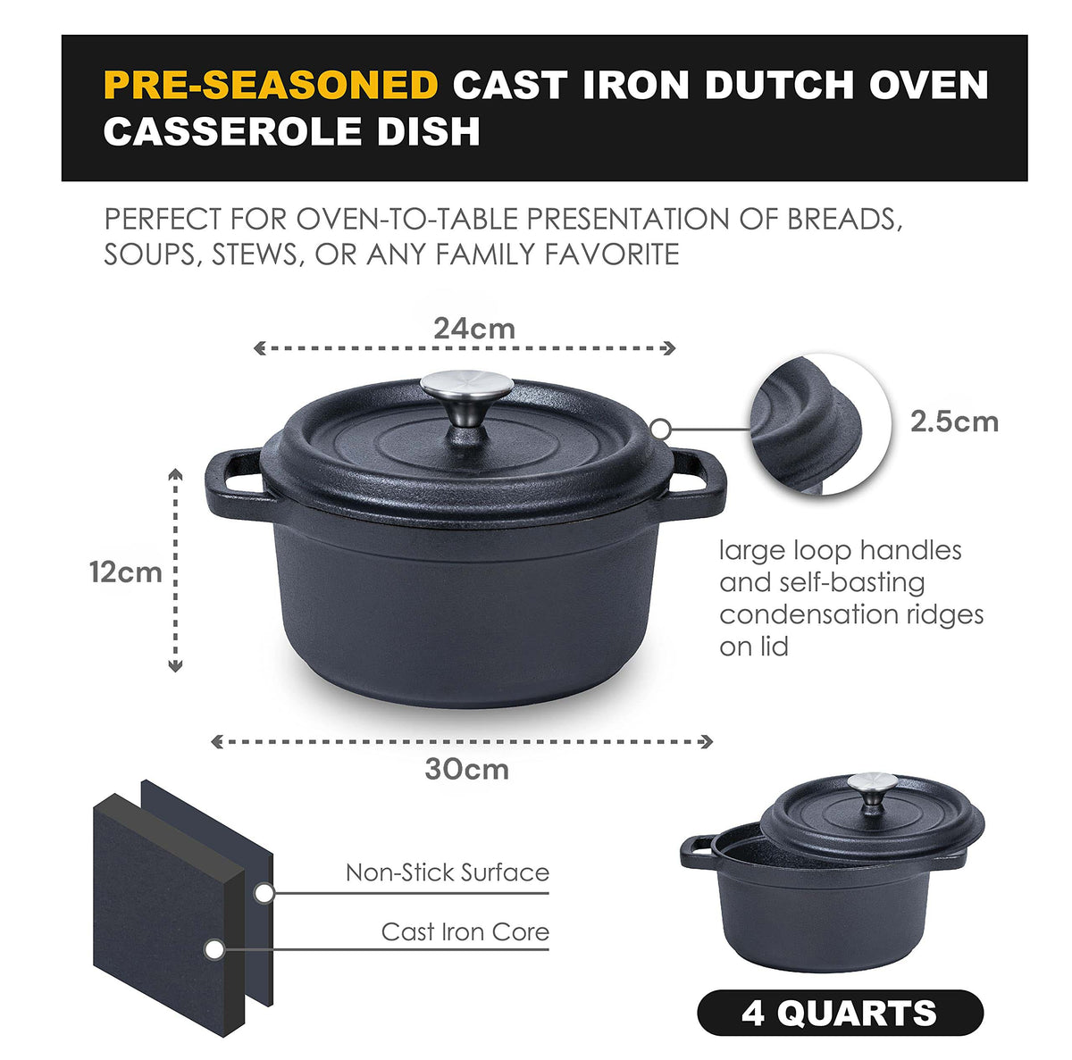 Cast Iron 24cm Dutch Oven with Lid - Pre-Seasoned, view 3