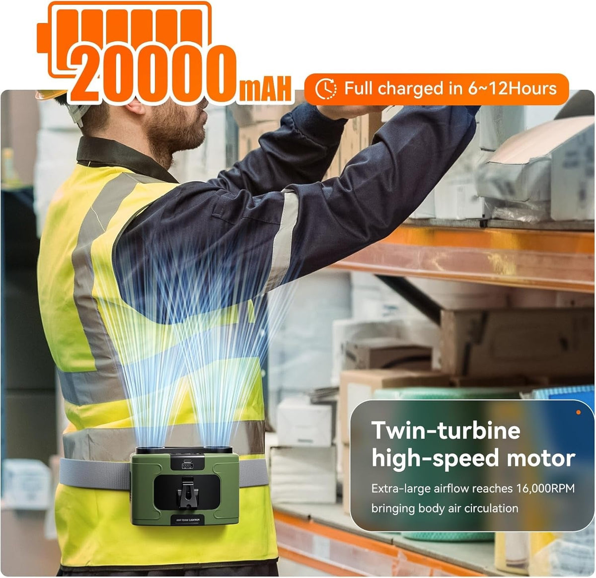 20000mAh Wearable Waist & Neck Fan with Power Bank, view 3
