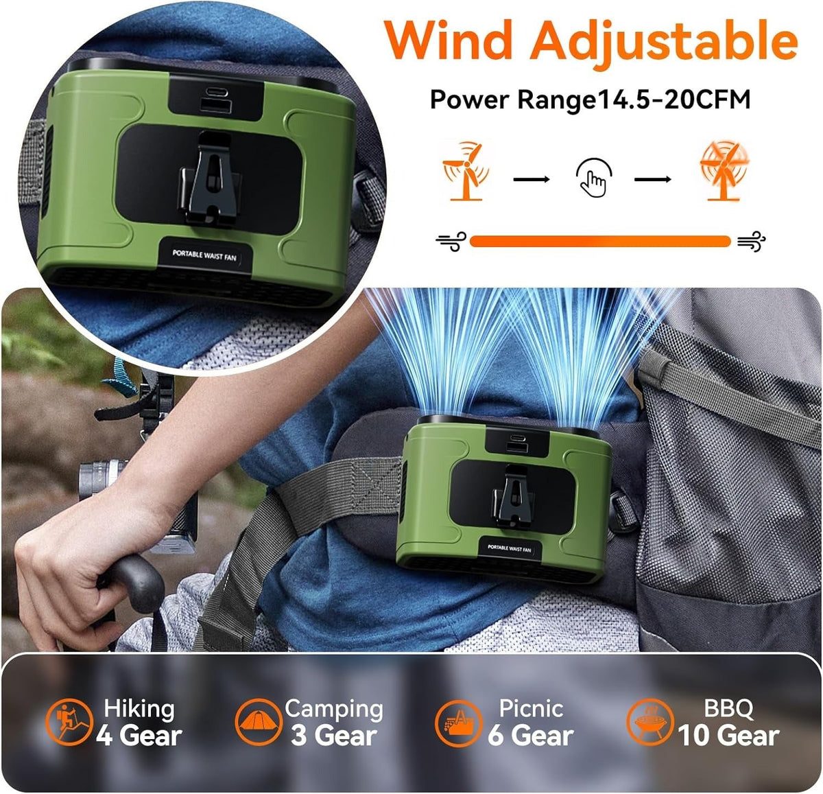 20000mAh Wearable Waist & Neck Fan with Power Bank, view 6