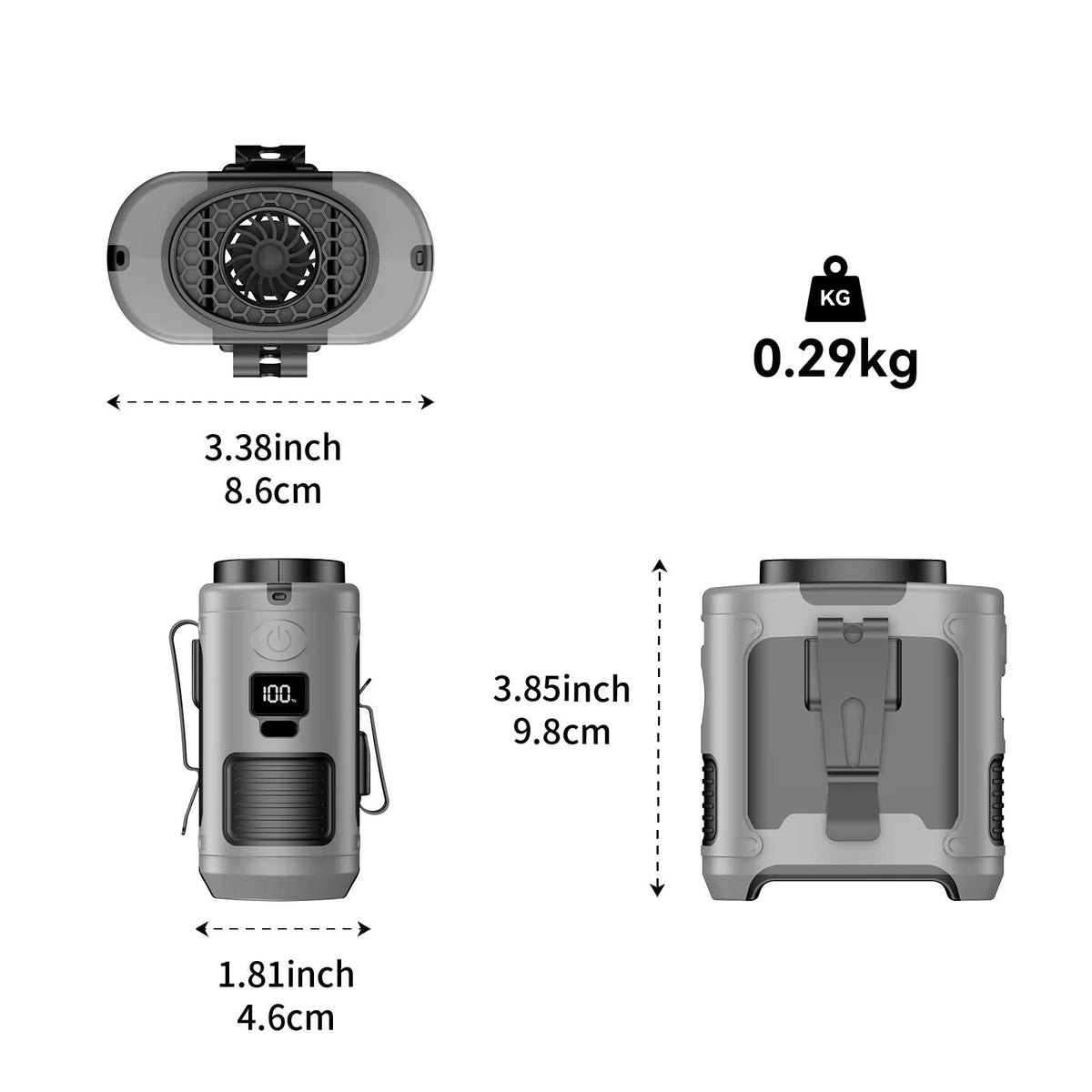 10000mAh Portable Waist Fan with LED Light - Grey, view 3