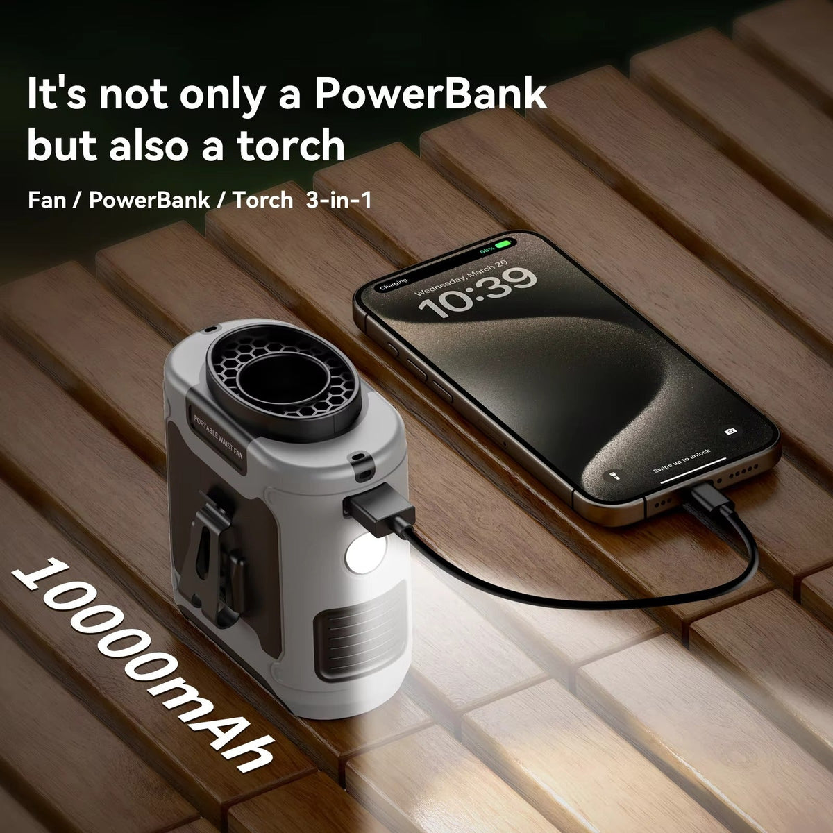 10000mAh Portable Waist Fan with LED Light - Grey, view 4