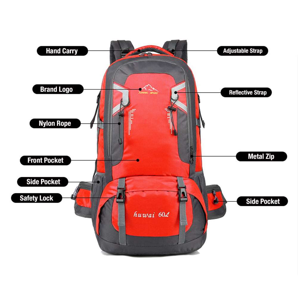 60L Waterproof Hiking Backpack - Red, view 3