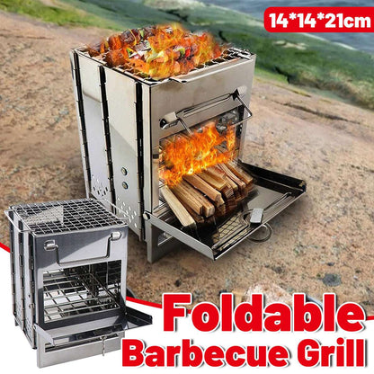 Foldable Stainless Steel Camp Stove – Multi-Fuel Wood Burning BBQ Grill