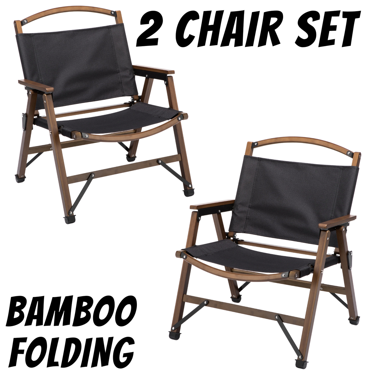 2 Pack Bamboo Canvas Folding Camping Chairs - Black, view 2