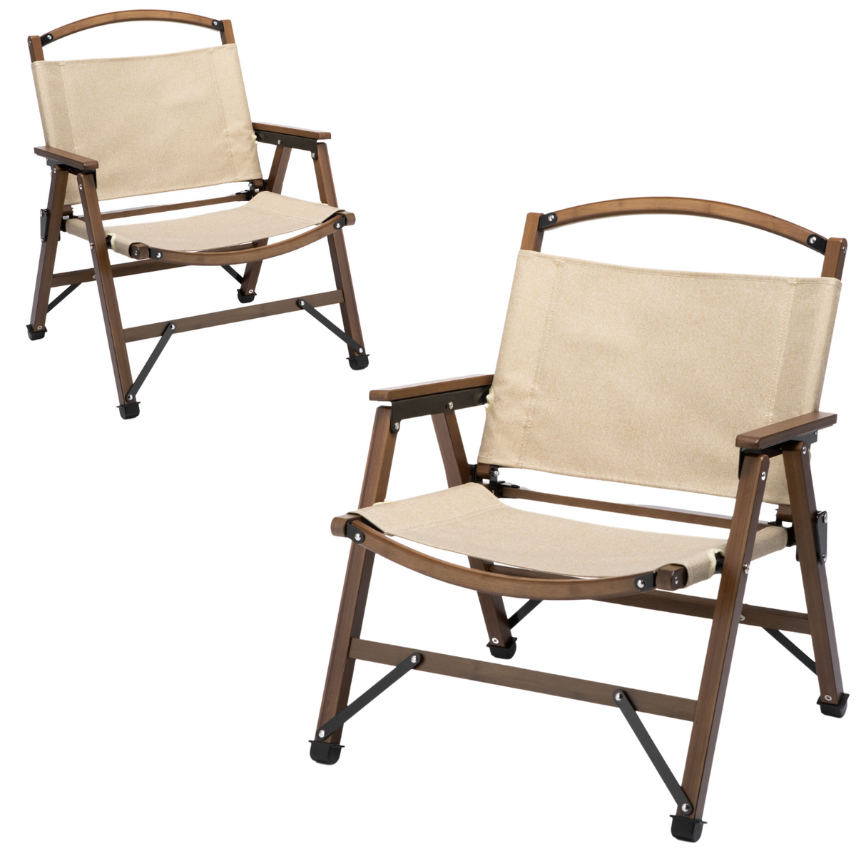 2 Pack Bamboo Folding Camping Chairs - Khaki/Beige