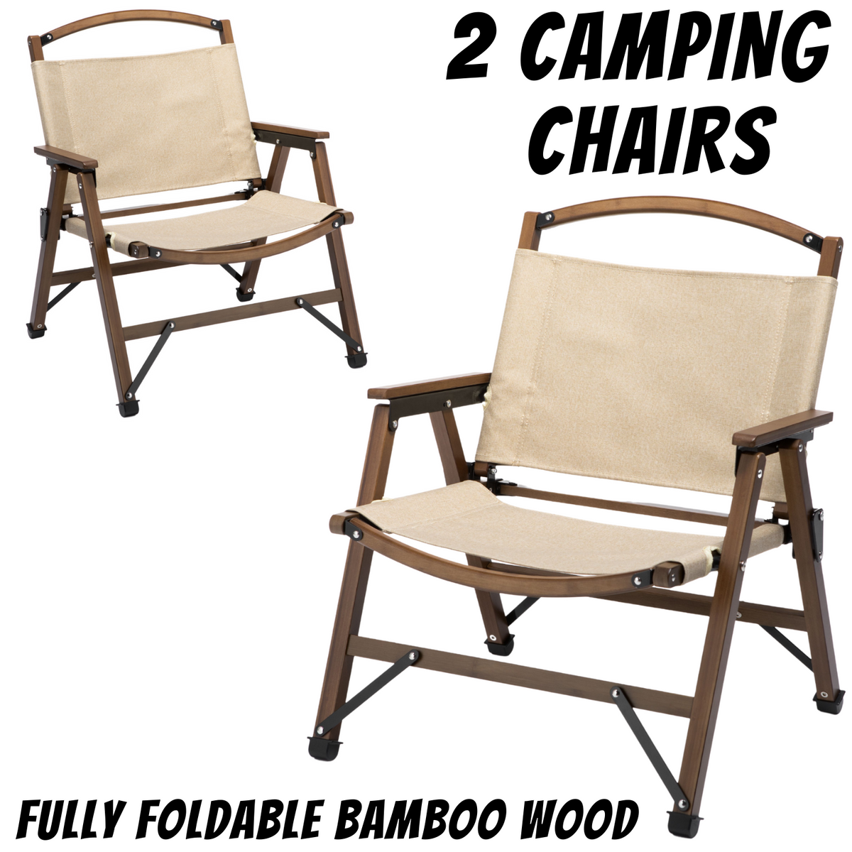 2 Pack Bamboo Folding Camping Chairs - Khaki/Beige, view 2